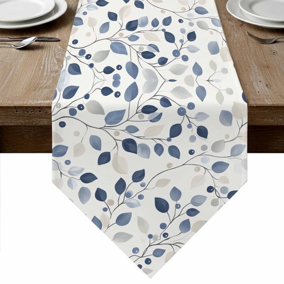 Blue Botanical Table Runner Linen Burlap Table Runner 70 Inches Long Summer Leaves Pastoral Elegant Dresser Scarves for Kitchen Island Coffee Dining Room Party Wedding Banquet Holiday Decor 13"x70"