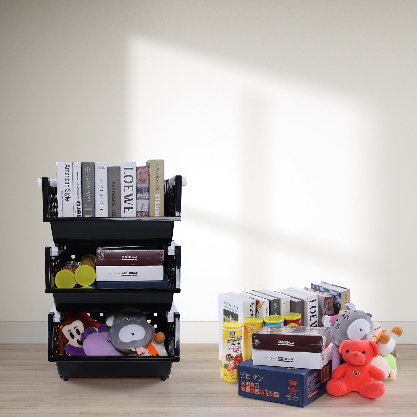Anbers 3 Packs Plastic Stackable Storage Baskets, Large Stacking Bins, Black
