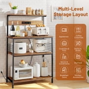 Beddle Kitchen Baker's Rack with Power Outlet, 31 Industrial 4-Tier Storage Shelf, Metal Frame with Rustic Wood Shelves