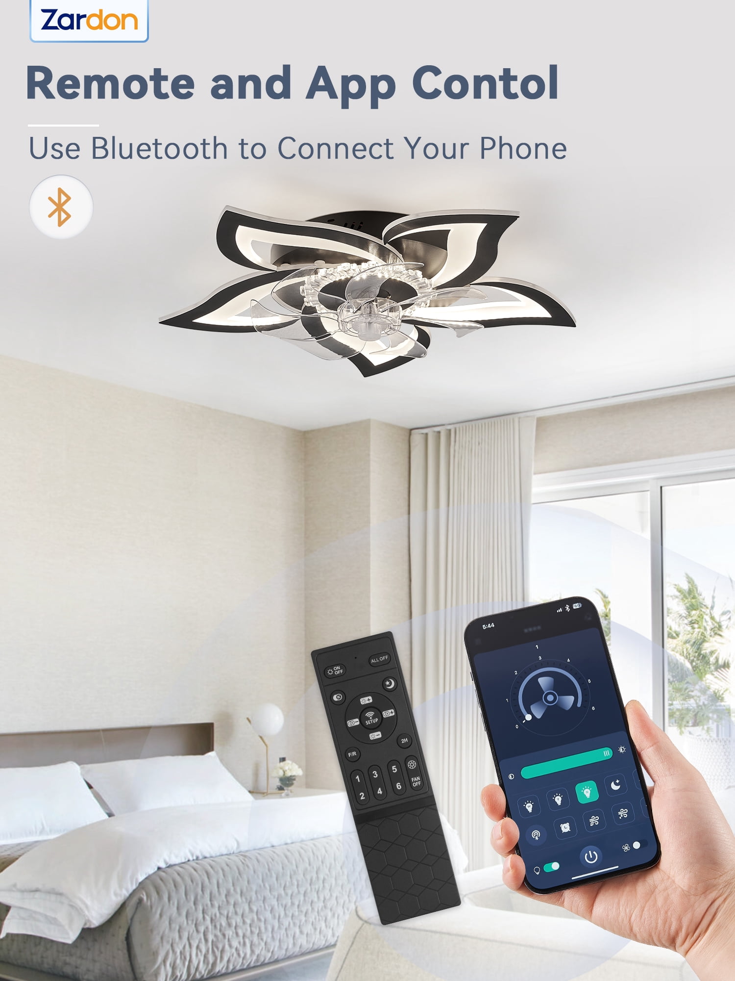 Zardon 27" Flower Ceiling Fan with LED Lights and Remote Control, Flush Mount Ceiling Fan for Indoor Bedroom Living Room, Low Profile - Black