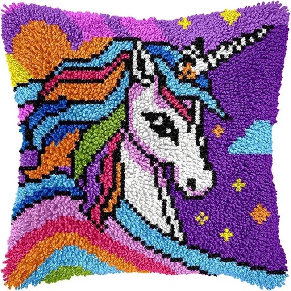 Unicorn Latch Hook Kits for Adults Beginners, Animals Latch Hook Pillow Kit, Pre-Printed Latch Hook Rug Kits, Cross-Stitch Cushion for Home Sofa Decoration 17"x17"  Handmade Gift