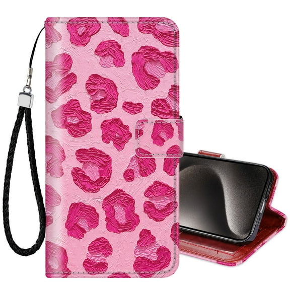 ClearSha iPhone 15 Pro Max Wallet Case for Women, Oil Painting Pink Leopard Cheetah Pattern Magnetic Closure PU Leather Flip Cover with Card Holder and Kickstand Protective Phone Case