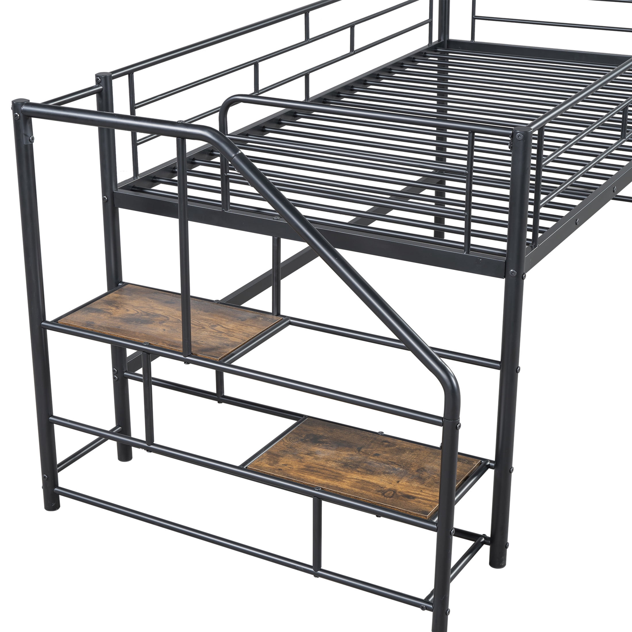 Noble House Twin Mid Loft Bed, Metal Frame with Wooden Accent, Storage Stairs and Low Profile Safety, Black