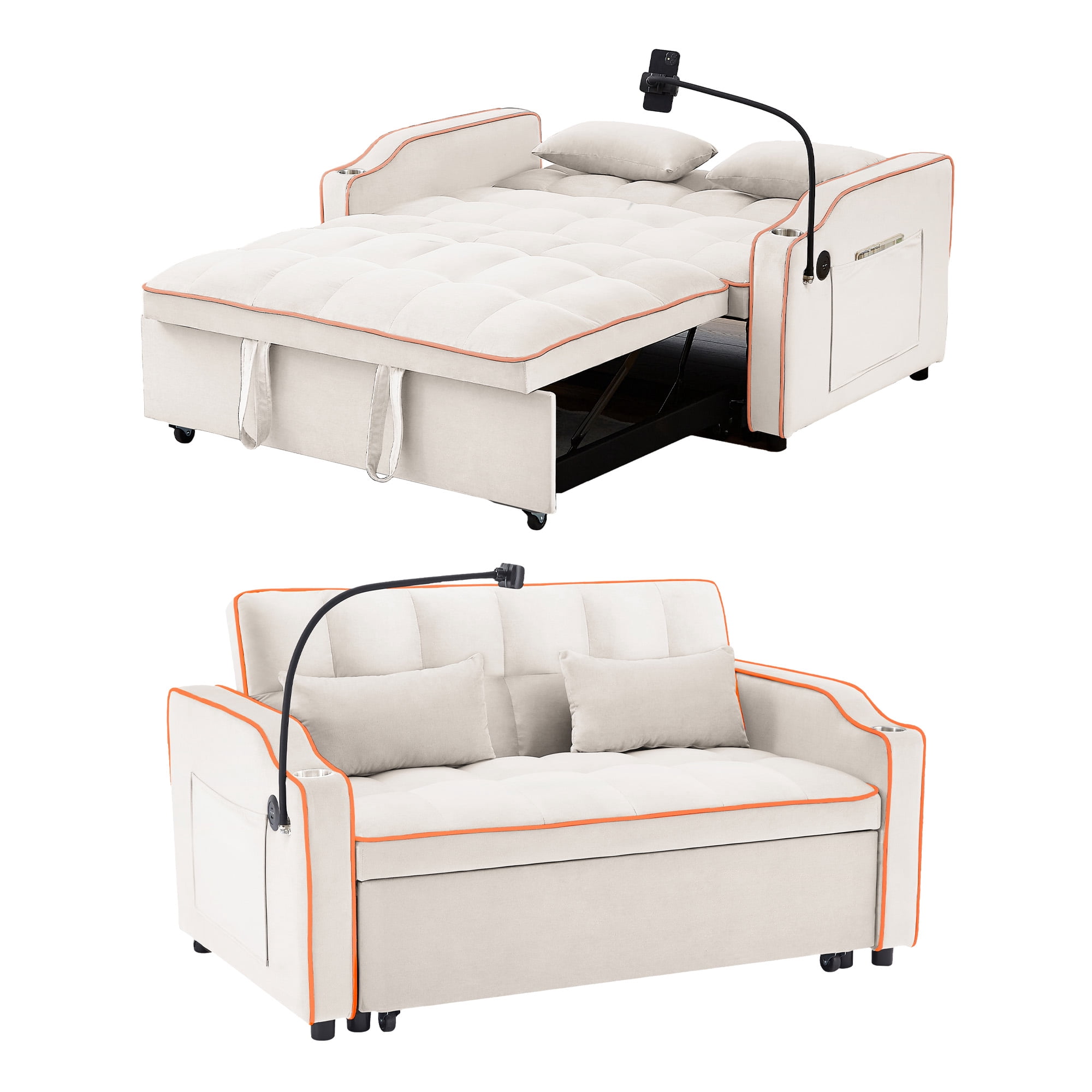 Aukfa Pull Out Sofa Bed, Convertible Loveseat Sleeper Sofa Couch with USB Port, Cup Holders and Swivel Phone Holder, Beige