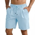 thumbnail image 2 of Domuza Linen Shorts for Men Drawstring Loose Fit Solid Color Elastic Waist Straight Leg Summer Casual Beach Bermuda Shorts Light Blue M, 2 of 6
