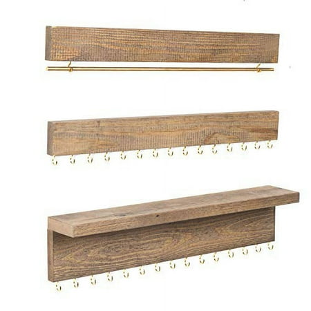Ilyapa Wall Mounted Jewelry Organizer with Shelf, Rustic Wood - 3 Piece Jewelry Hanger Rack Set - Earring, Bracelet & Necklace Holder