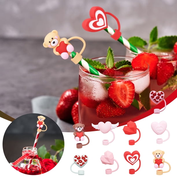 Tapón para pajita con forma de corazón para San Valentín - Protector de tapa de bebidas a prueba de fugas - Cubierta de silicona reutilizable para pajitas - Accesorio decorativo para vasos - Tapa