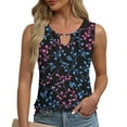thumbnail image 2 of Ladies Tank Tops Loose Fit Summer Floral Printed Keyhole Neck Sleeveless T Shirts Casual Pleated Tunic Blouses (S, Black), 2 of 6