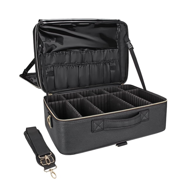 Bolsa de maquillaje Relavel extra grande de piel impermeable con correa