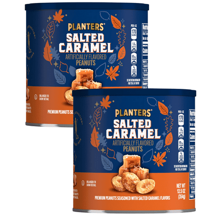 PLANTERS Salted Caramel Peanuts, Sweet and Salty Snacks, Plant-based Protein, 12.5 oz ea - 2 Canisters