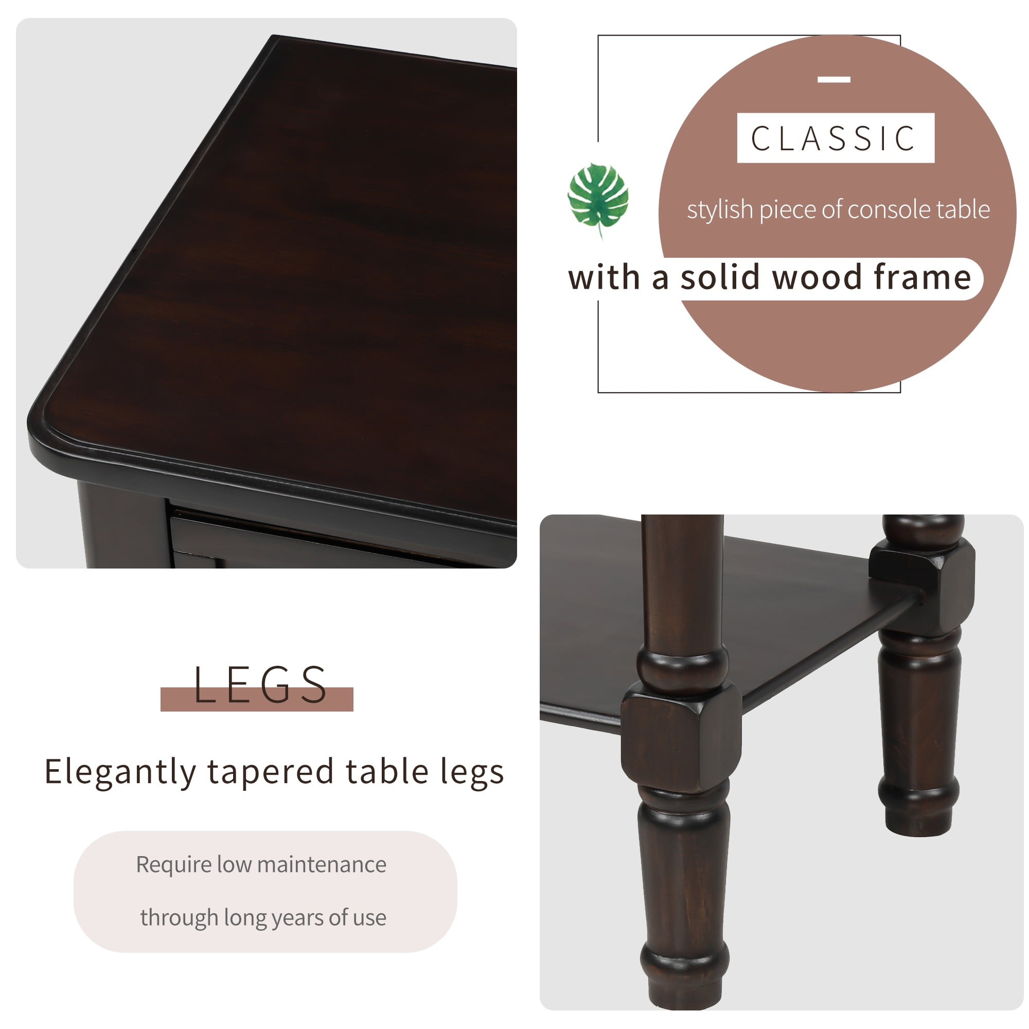 EUROCO Console Table, Slim Sofa Table with Three Storage Drawers and Bottom Shelf for Living Room, Easy Assembly