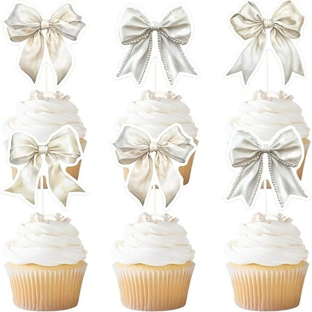 24PCS White Bow Cupcake Toppers, Sweet Bow Cake Decorations, White Bowknot Cupcake Picks for Bachelorette Bridal Shower Birthday, BowTheme Party Decor Supplies