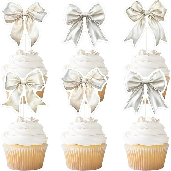 24PCS White Bow Cupcake Toppers, Sweet Bow Cake Decorations, White Bowknot Cupcake Picks for Bachelorette Bridal Shower Birthday, BowTheme Party Decor Supplies