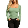 thumbnail image 5 of BRGZLK Bell Long Sleeve Shirts for Women Trendy Soft Stretchy Ribbed Knit Square Neck Slim Fit Tops for Going Out Casual Fall Winter Outfits Green 2XL, 5 of 7
