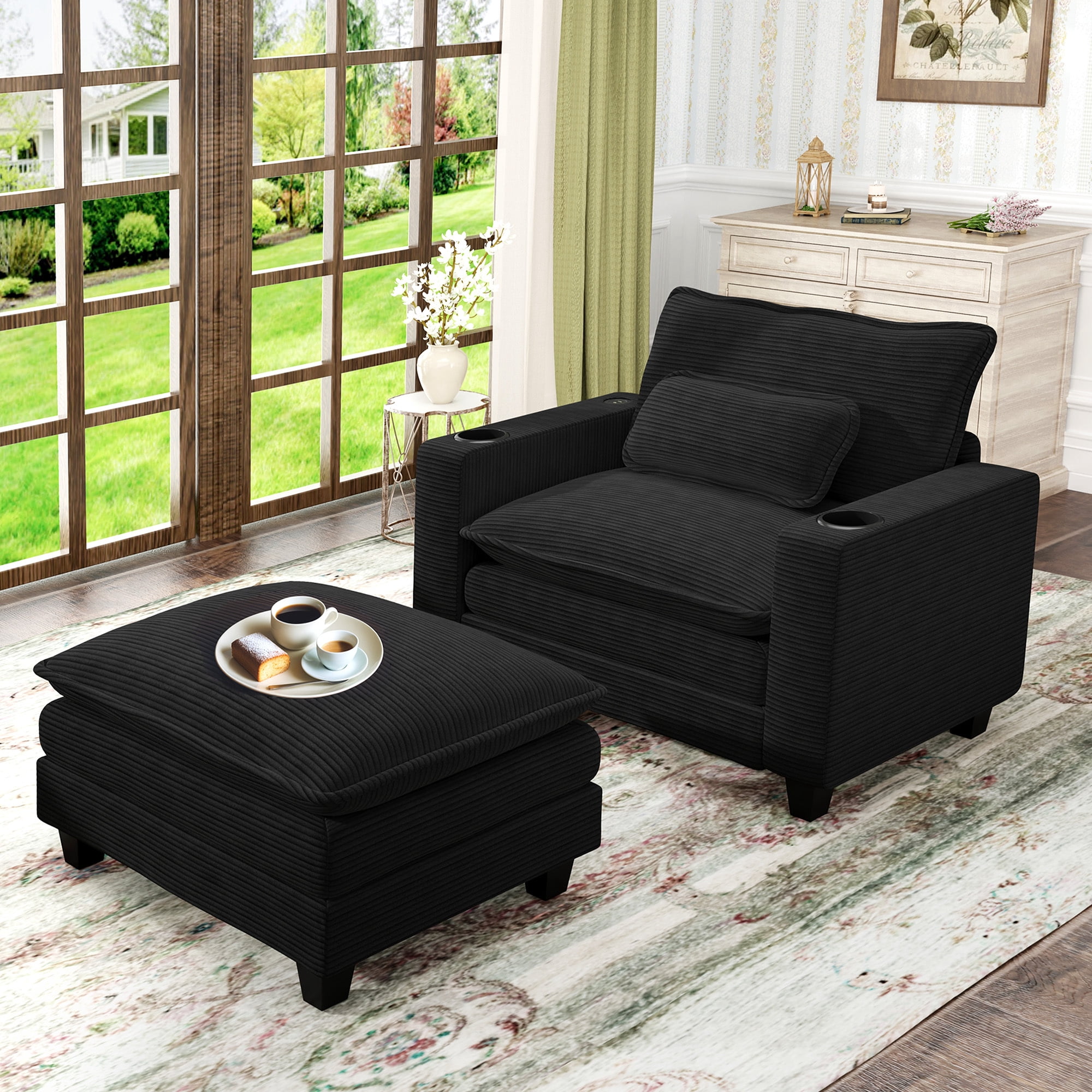 Lunale Oversized Lounge Chair & Ottoman Set - 45.5" Cloud Corduroy Accent Armchair with USB/Cup Holder for Modern Living/Bedroom, Black