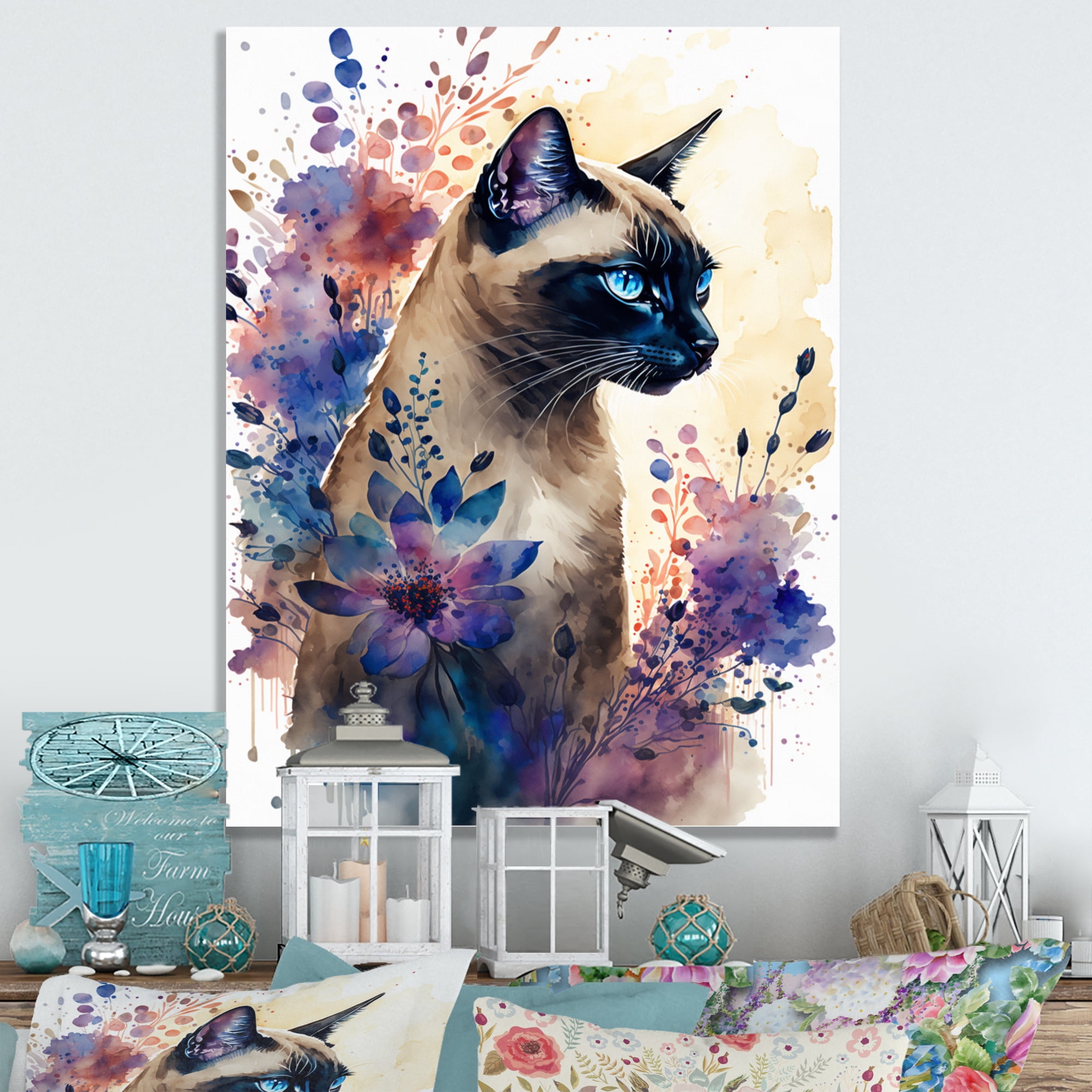 Designart Cute Siamese Floral Art I Canvas Wall Art