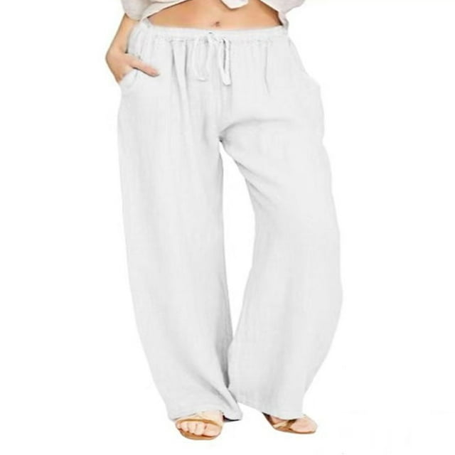 Casual Linen Palazzo Pants for Women High Waisted Solid Color Drawstring Loose Pants with Pocket