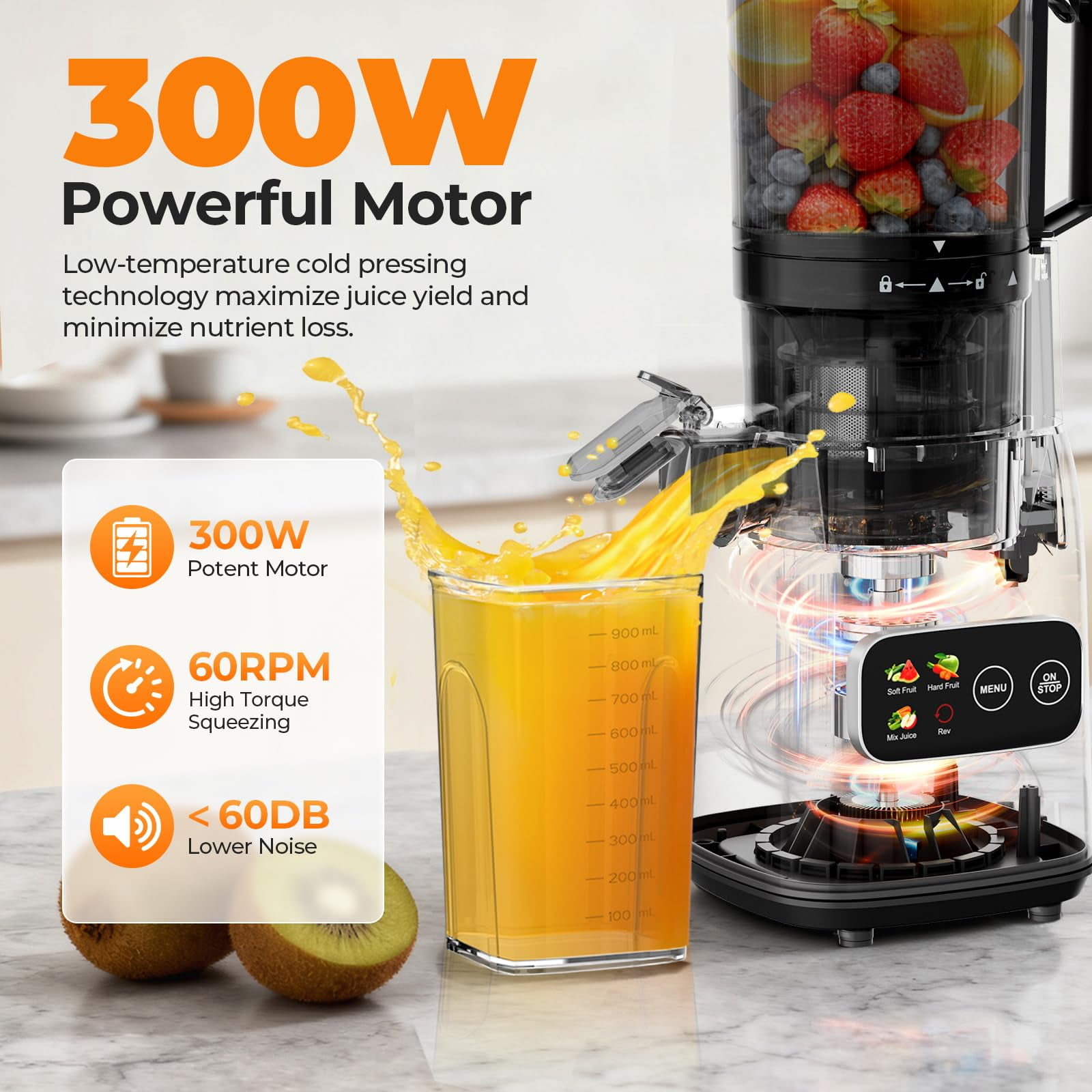 Auseo Cold Press Juicer, 5.4'' Wide Feed Chute Juicer Machines, Slow Masticating Juicer for Whole Vegetables & Fruits, High Juice Yield, Easy to Clean, 3 Function Modes with Rev