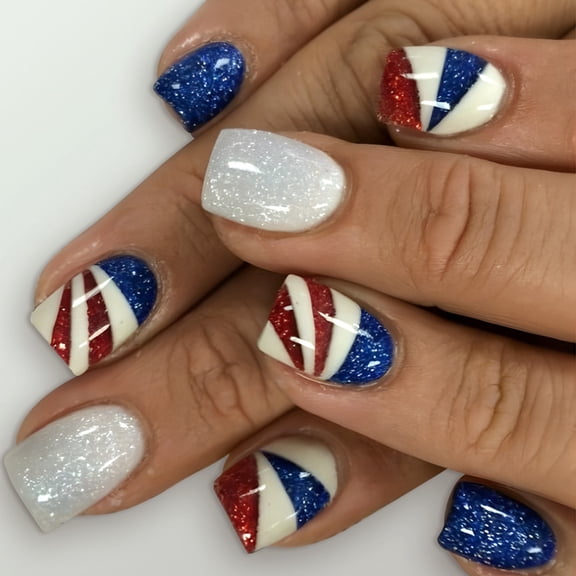 24pcs Short Square False Nails Independence Day with Glitters on Nails for a Unique Festive Look