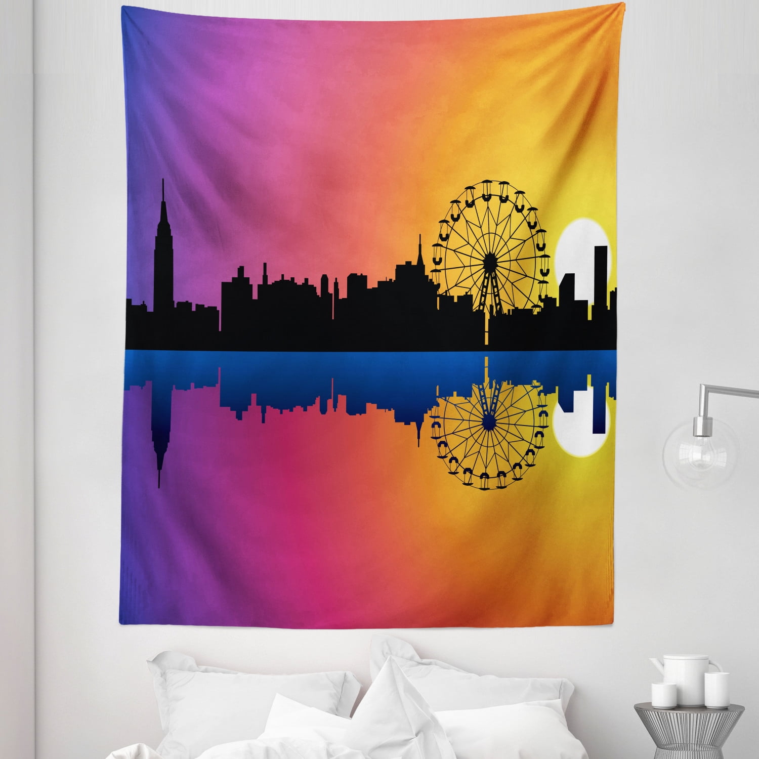 Ferris Wheel Tapestry, Silhouette Skyline at Sunset with Reflection on ...