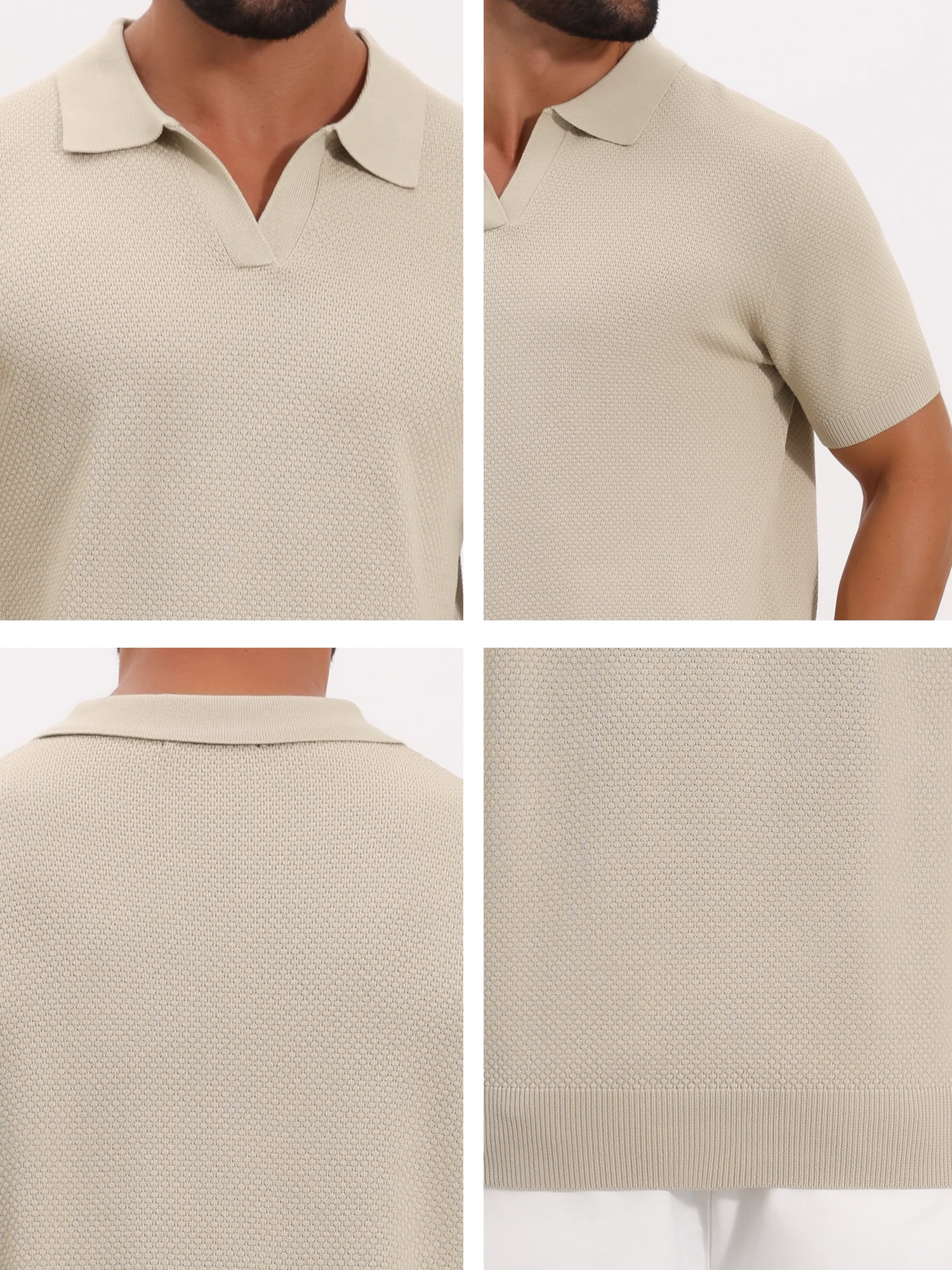 DARING DIVA Men's Textured Knit V Neck Short Sleeve Casual Golf Polo Shirt 2XL Beige