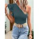 thumbnail image 5 of Camisas de Mujer con Volantes, Corta, Hombros Descubiertos, Corte Entallado, Cuello Alto, Punto Acanalado Azul Marino L, 5 of 8
