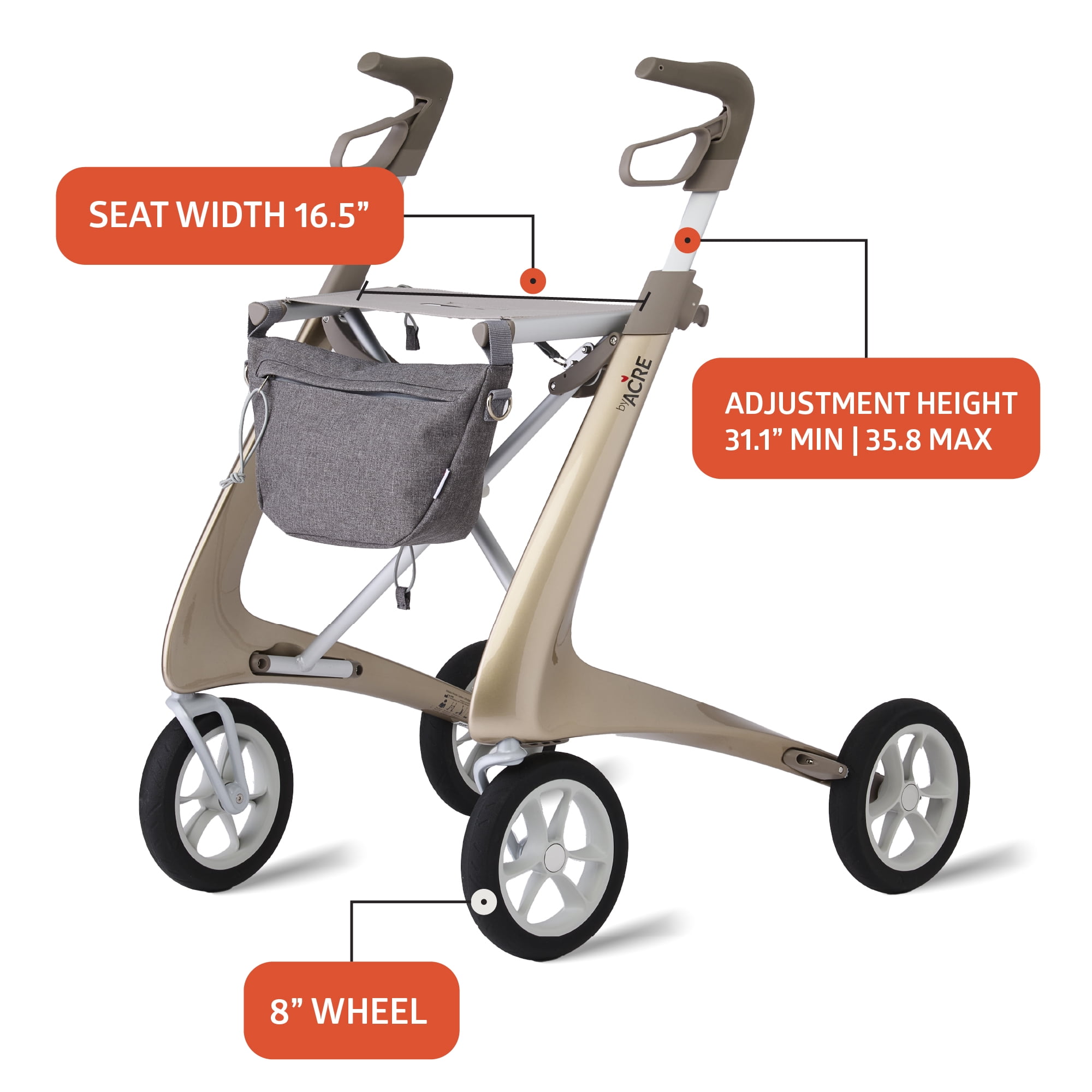 byACRE Carbon Ultralight Rollator Walker, Regular Track, 16.5 x