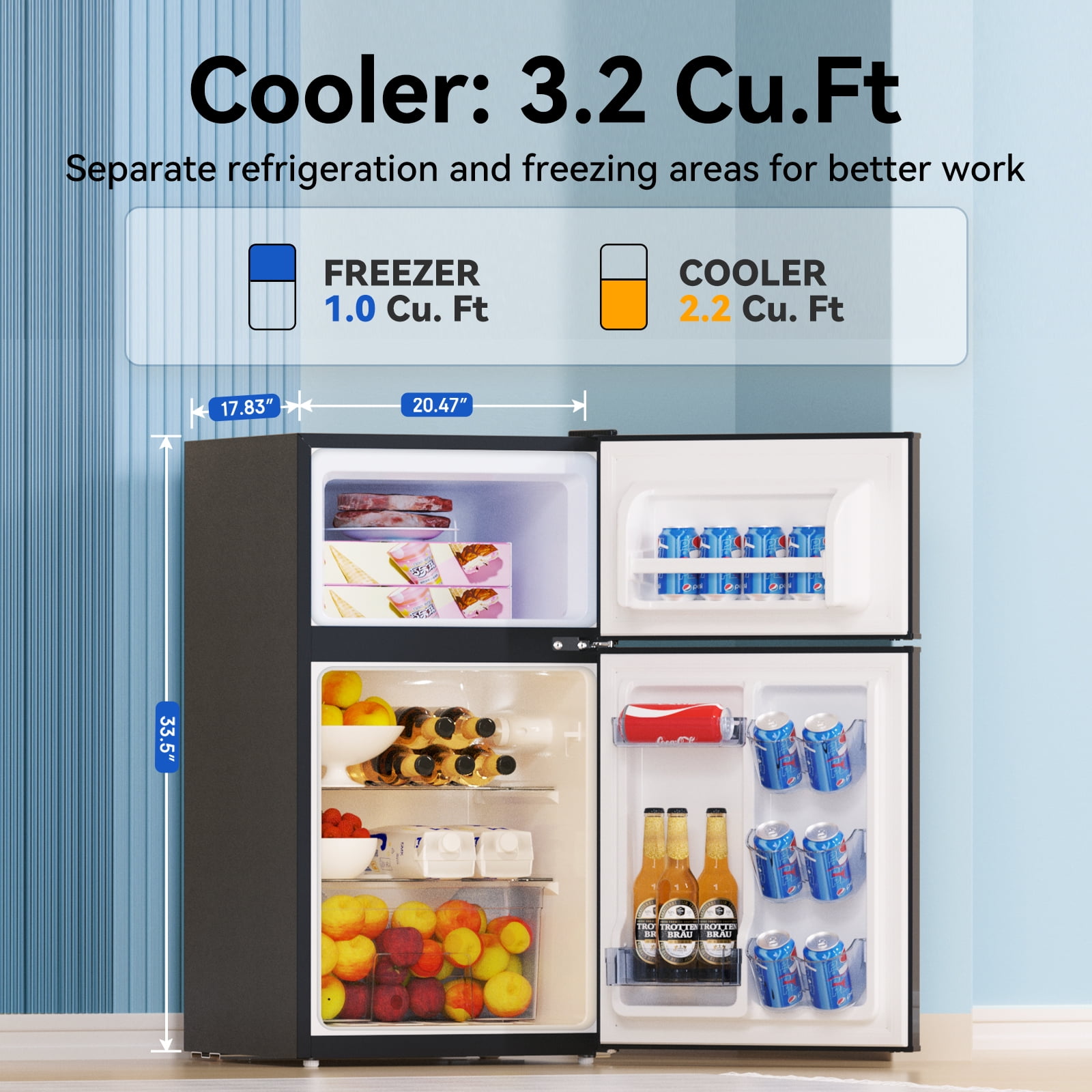 Frestec 3.2 Cu ft Two Door Mini Fridge with Freezer, Stainless Steel, E-Star, black