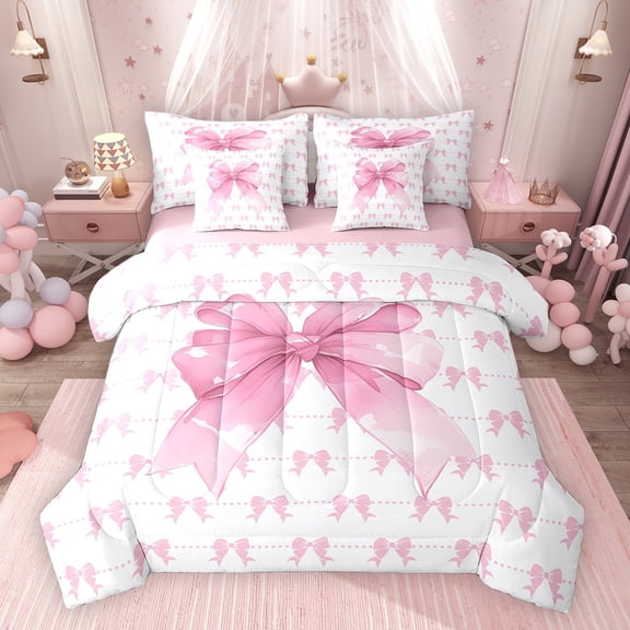 Erosebridal Cute Bowknot Twin Bedding Sets for Girls, Pink Ribbon Bedding Comforter Set, Pink Reversible, 7 Pieces