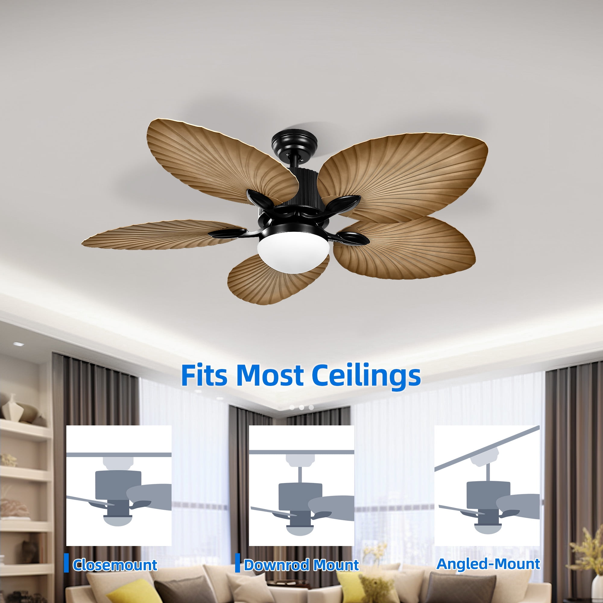 Uforic 52" Tropical Ceiling Fan with Light and Remote,5 Palm Leaf Blades Energy-efficient ceiling fan