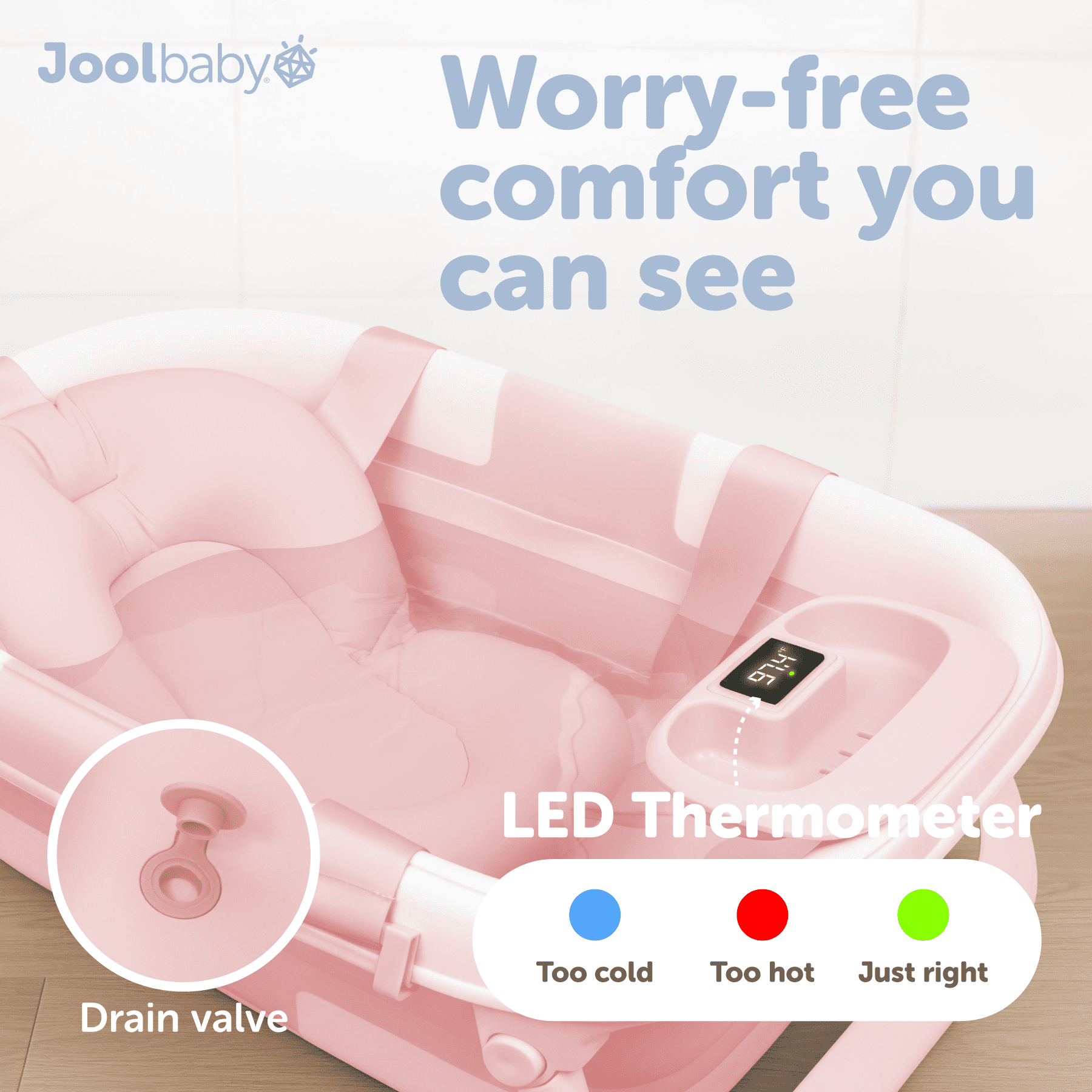 Jool Baby Fold ‘n Store Baby Bathtub – 3 Stage Collapsible Bather for Easy Storage, Portable for Travel – Built-in Thermometer (Pink)