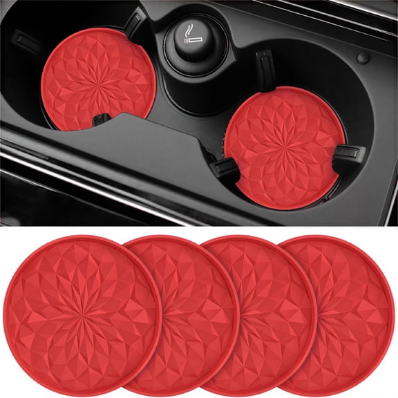 LAMIRO Car Coasters for Cup Holders [4 Pack] - 2.75In Silicone Auto Mug Mats - Universal Non-Slip Recessed Car Interior Accessories - Red