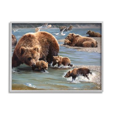 Stupell Industries Grizzly Bear Family Fishing Animals & Insects Painting Gray Framed Art Print Wall Art