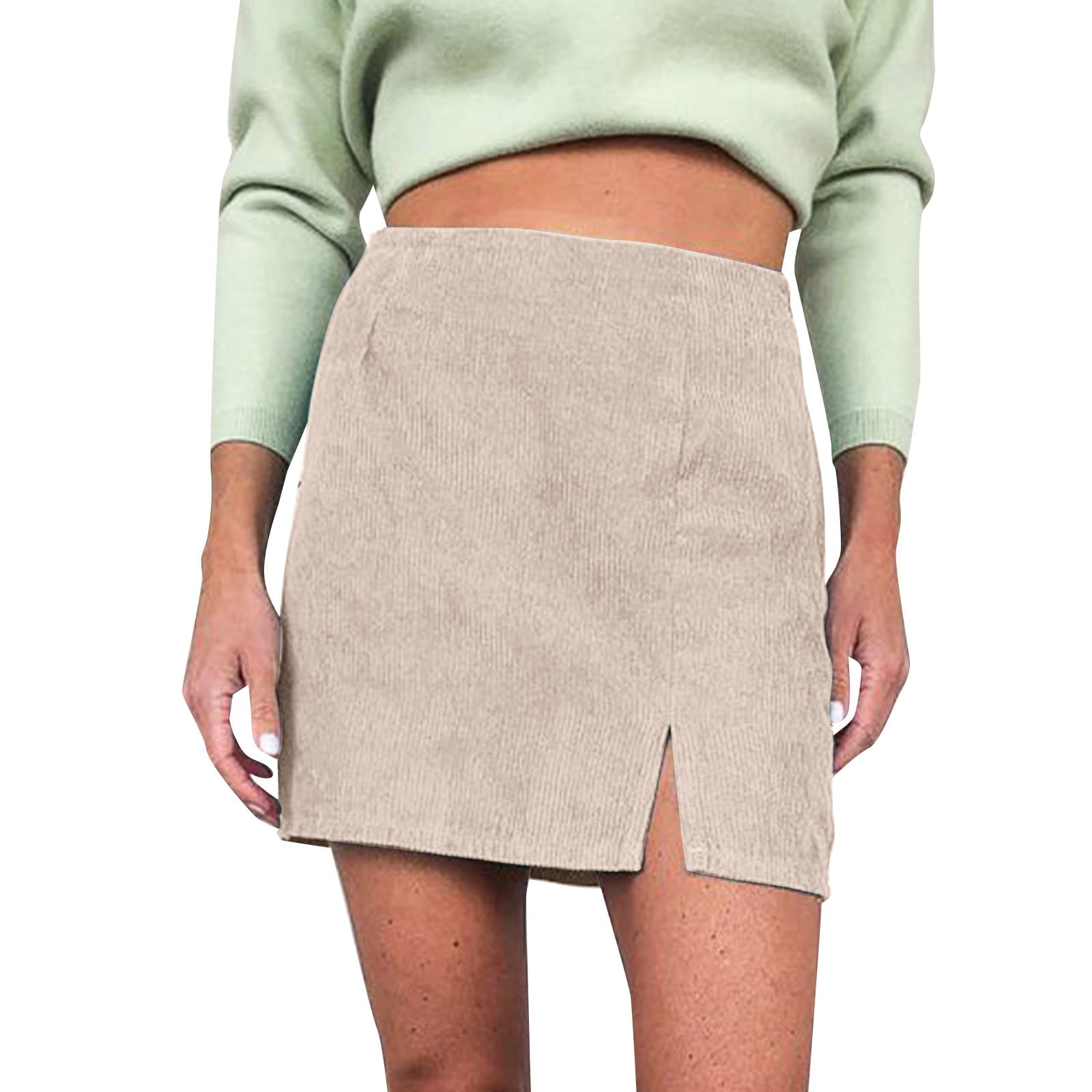 Yubnlvae Women's Short Skirt Solid High Waist Corduroy Skirt Split A Line  Skirt