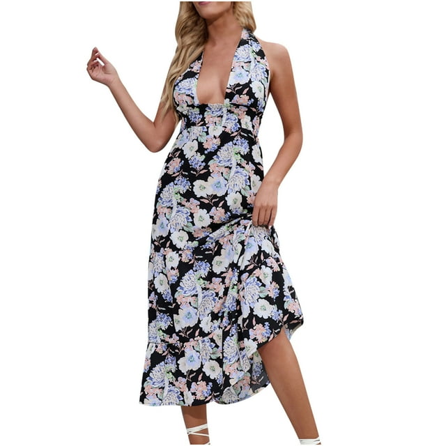 Pompotops Robe Longue Sans Manches à Col en V Imprimée Décontractée pour Femmes