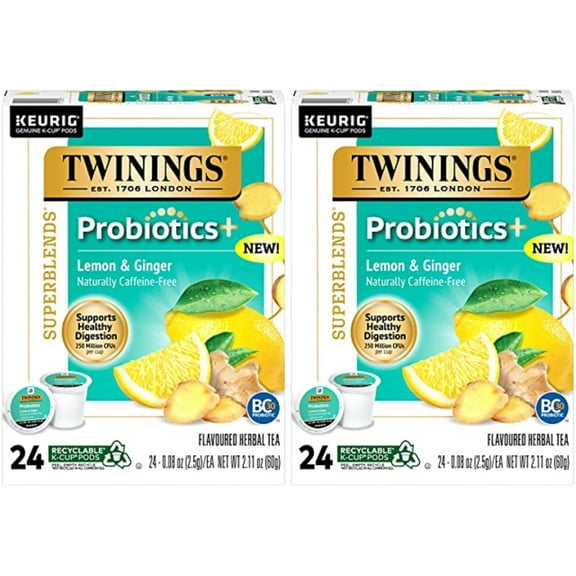 Twinings Probiotics Lemon & Ginger Herbal Tea, Supports Digestive Health, Single Serve K-Cup Pods For Keurig, Naturally Caffeine Free, 24 Count (Pack Of 2)