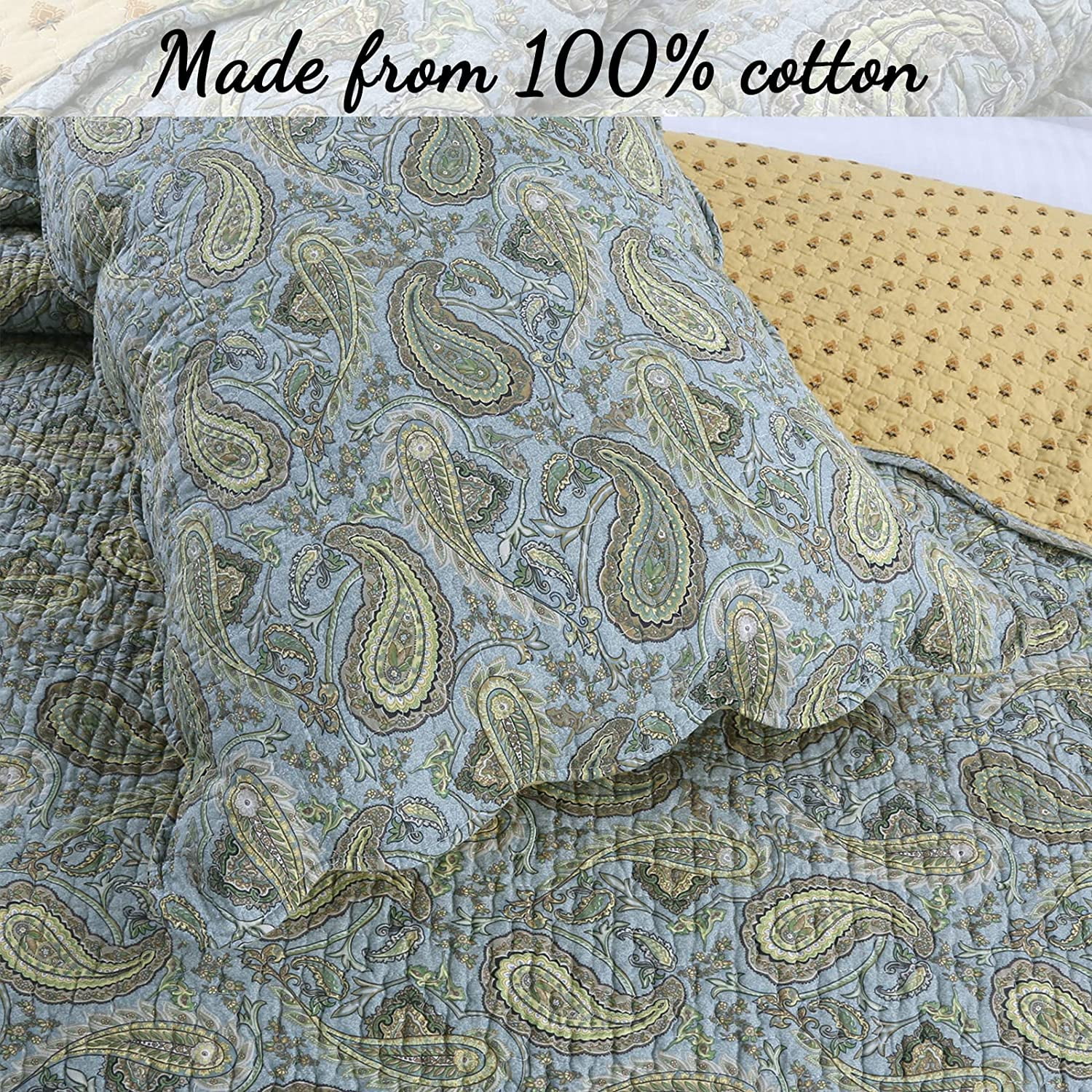 Cozy Line Home Fashions Cotton Reversible Quilt Sets, Queen, Green, 3-Pieces