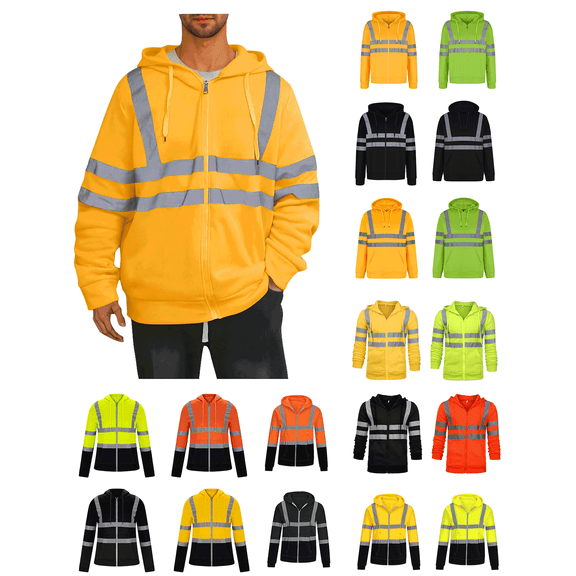 Titcea High Visibility Hoodie for Men, Class 3 Reflective Zipper Drawstring Hoodies High Vis Safe Work Sweatshirt Jacket with Pockets