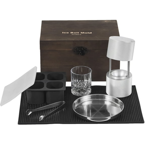 KFFKFF Ice Sphere Press Set, Airplane-Grade Aluminum Alloy Ice Shaper with Ice Cube Mold, Oversized Mat, Clamp, Drip Pan, Single Glass, Round Ice Ball Creator 2.4"/60 mm Ice Globe, for Whiskey