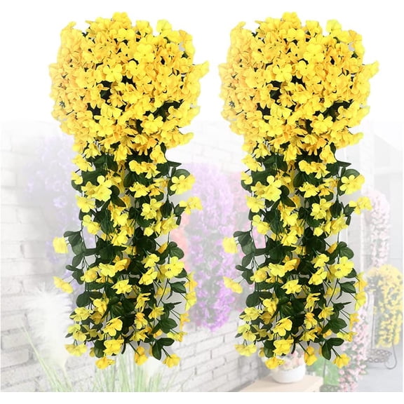 Trianu 2 Pcs Hanging Artificial Violet Ivy Flowers Hanging Flowers Plant for Outside Outdoor Patio Garden Porch Wedding Home Decorations (Yellow)
