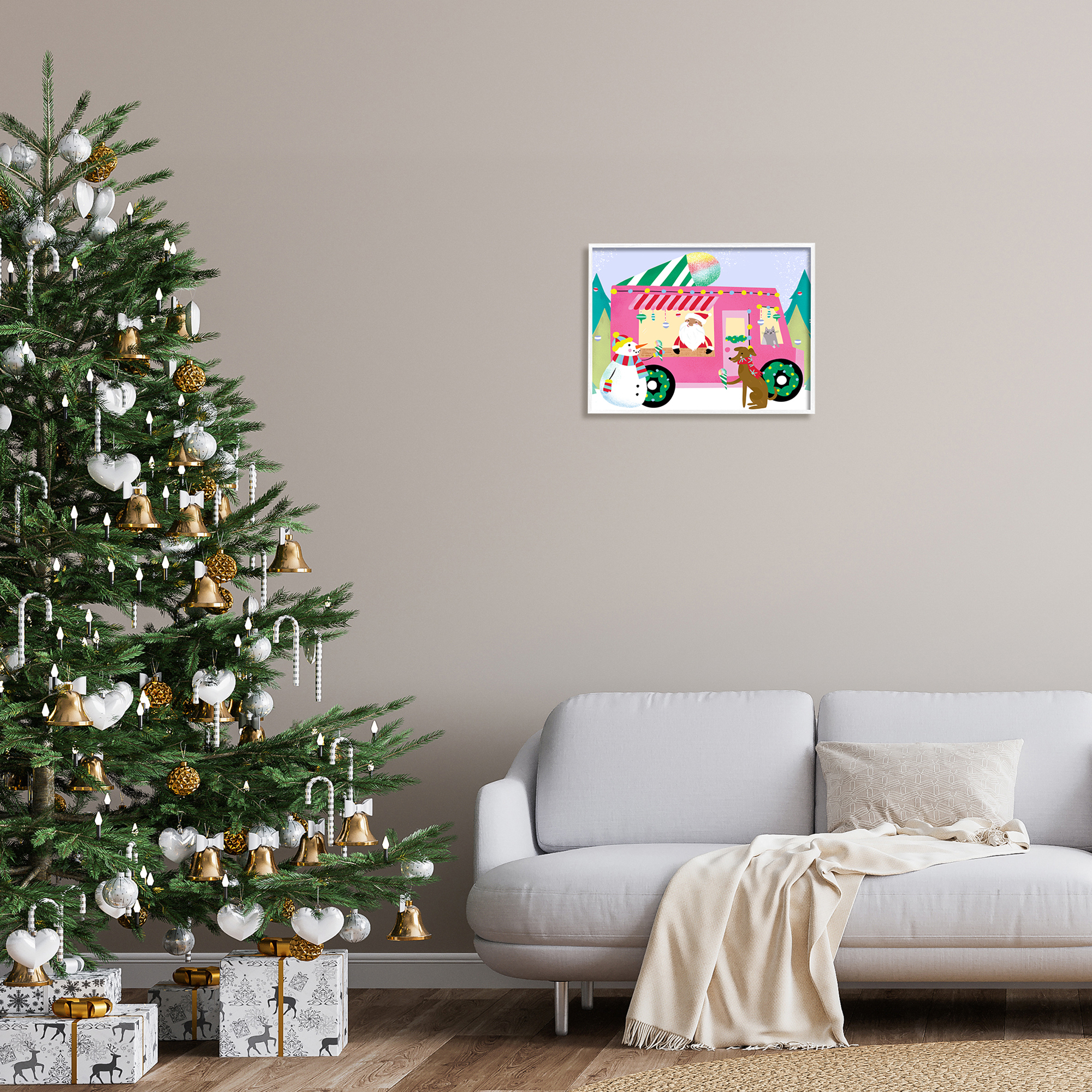 Santa Claus Serving Snow Cones Whimsical Design Transportation Graphic Art Framed Art Print Wall Art