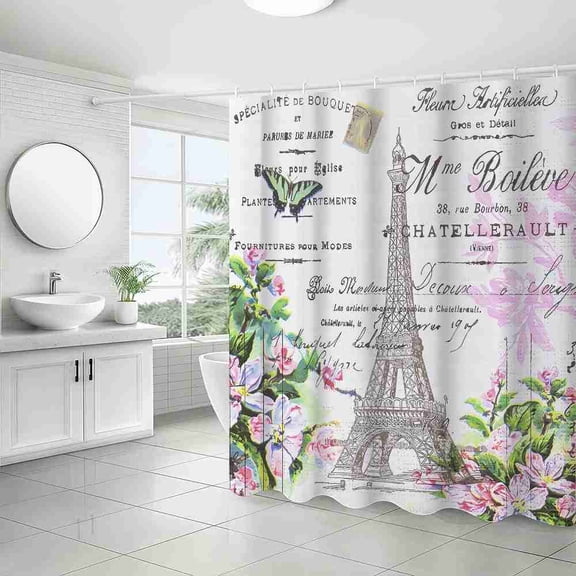 70x70 inch Vintage Paris Eiffel Tower Floral and Butterfly Shower Curtain, Waterproof Polyester Fabric with Hooks for Bathroom Decor