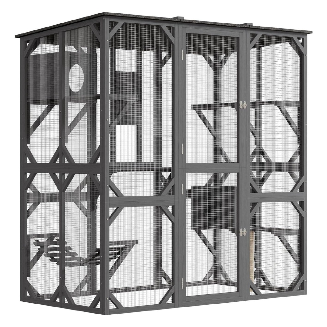 70'' Outdoor Cat Enclosure, Large Walk-in Catio Outdoor Cat Enclosure with Window, 4 Jumping Platforms & 2 Resting Box, Wooden Cat House Indoor with Scratching Post & Hammock, UV Resistant