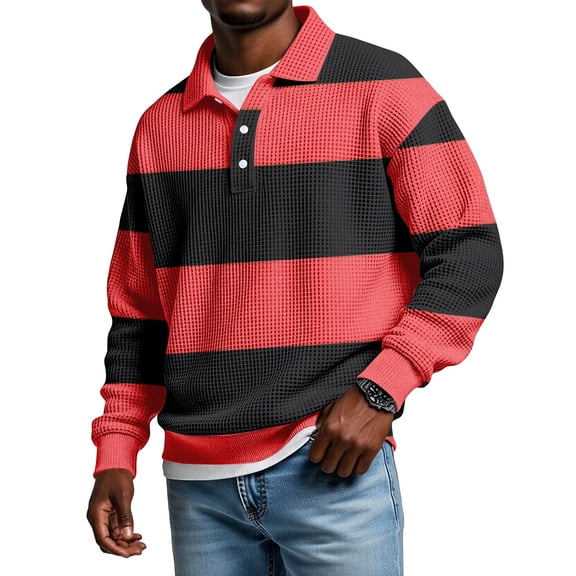 GSPCLAM Mens Polo Shirt Waffle Knit Striped Long Sleeves Tops for Casual Outing, Color Block Lightweight Shirt