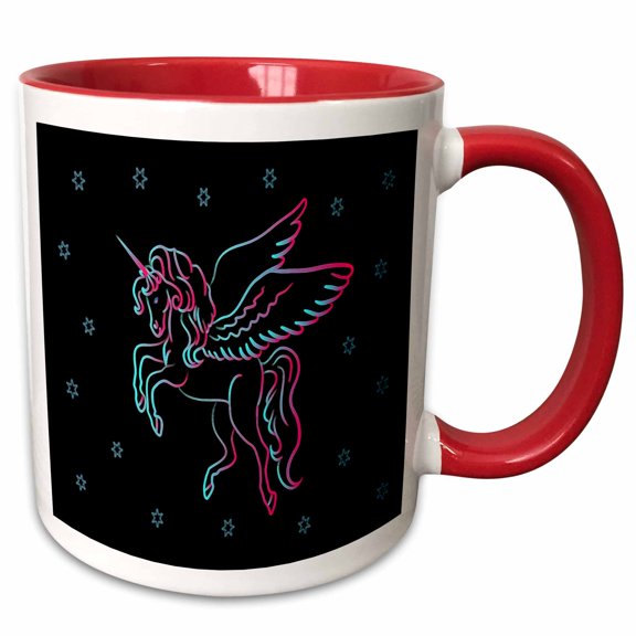 3drose, Image of Neon Watercolor Aqua and Fuchsia Unicorn N Stars, 15oz Two-tone Red Mug