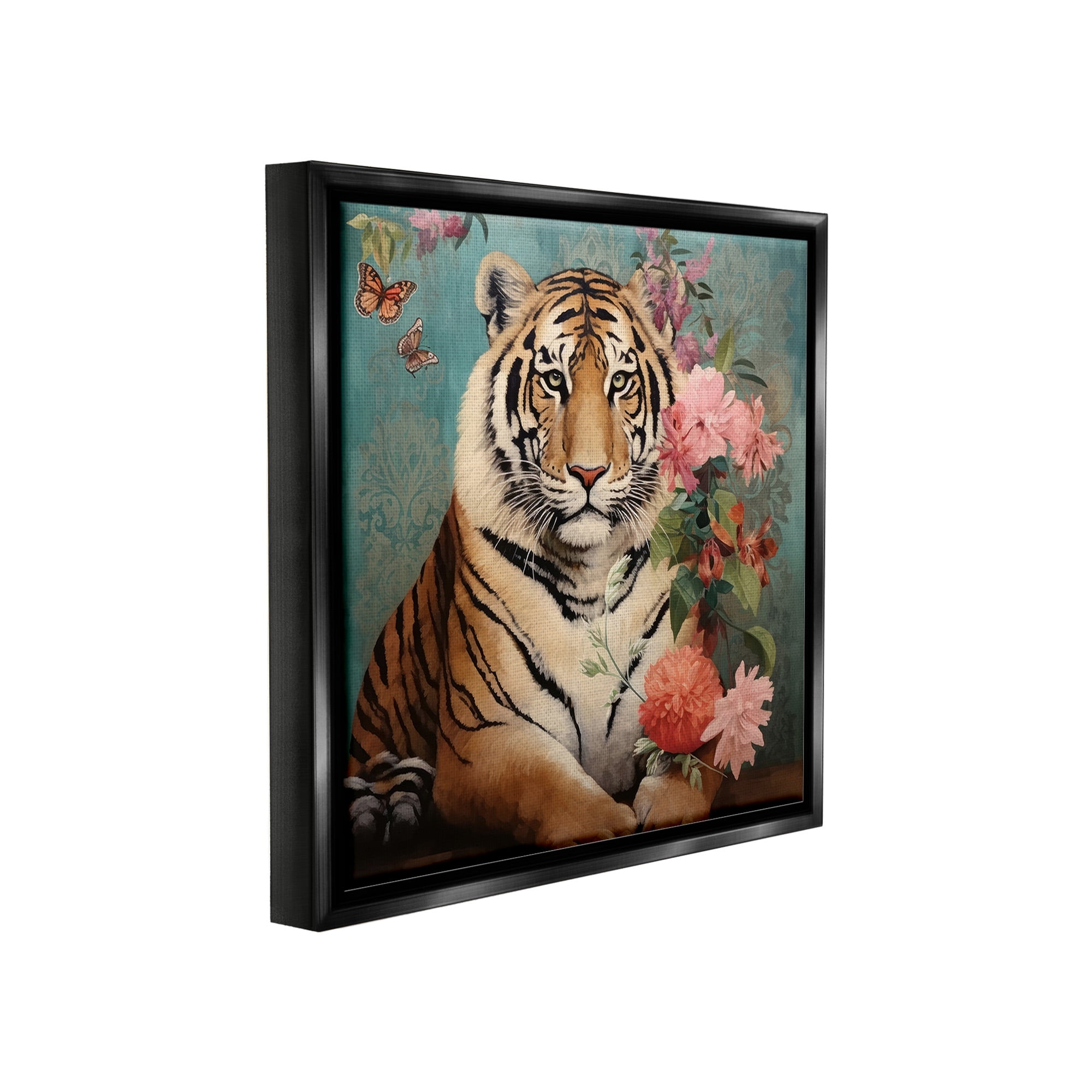 Stupell Industries Vintage Tiger & Bouquet Animals & Insects Painting Black Floater Framed Canvas Art Print Wall Art, 25 x 25