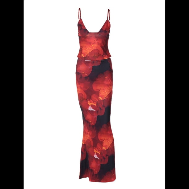Conjunto de Falda Larga con Estampado Floral y Top Halter Trajes para Salir para Mujer Color M