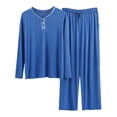 thumbnail image 3 of Mens Pajama Set Soft Cotton Pjs Long Sleeve Pullover Wide Leg Drawstring Elastic Waist Pants Sleepwear 2 Piece Outfits Loungewear with Pockets (Blue,L), 3 of 3