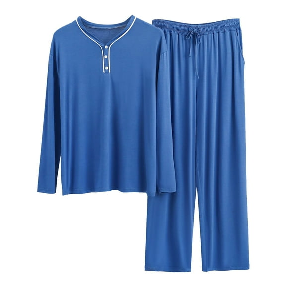 FhsagQ Pajamas Pajamas for Men Pack Sleepwear White Male Loungewear Button Two Piece Set Long Sleeve Top and Long Pants Solid Color Set Men's Pajamas Sleepwear Cotton Blue XL
