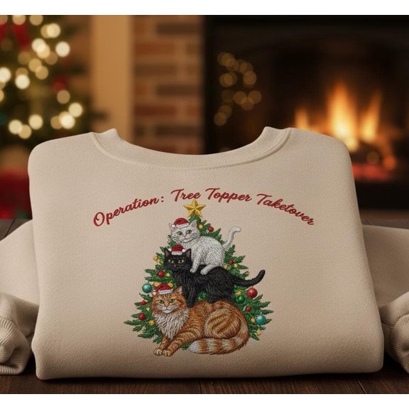 Operation Tree Topper Takeover Embroidered Sweatshirt, Funny Cat Christmas Crewneck, Holiday Gift for Cat Lovers